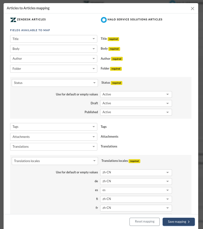 Zendesk to Halo Service Solutions - Map articles