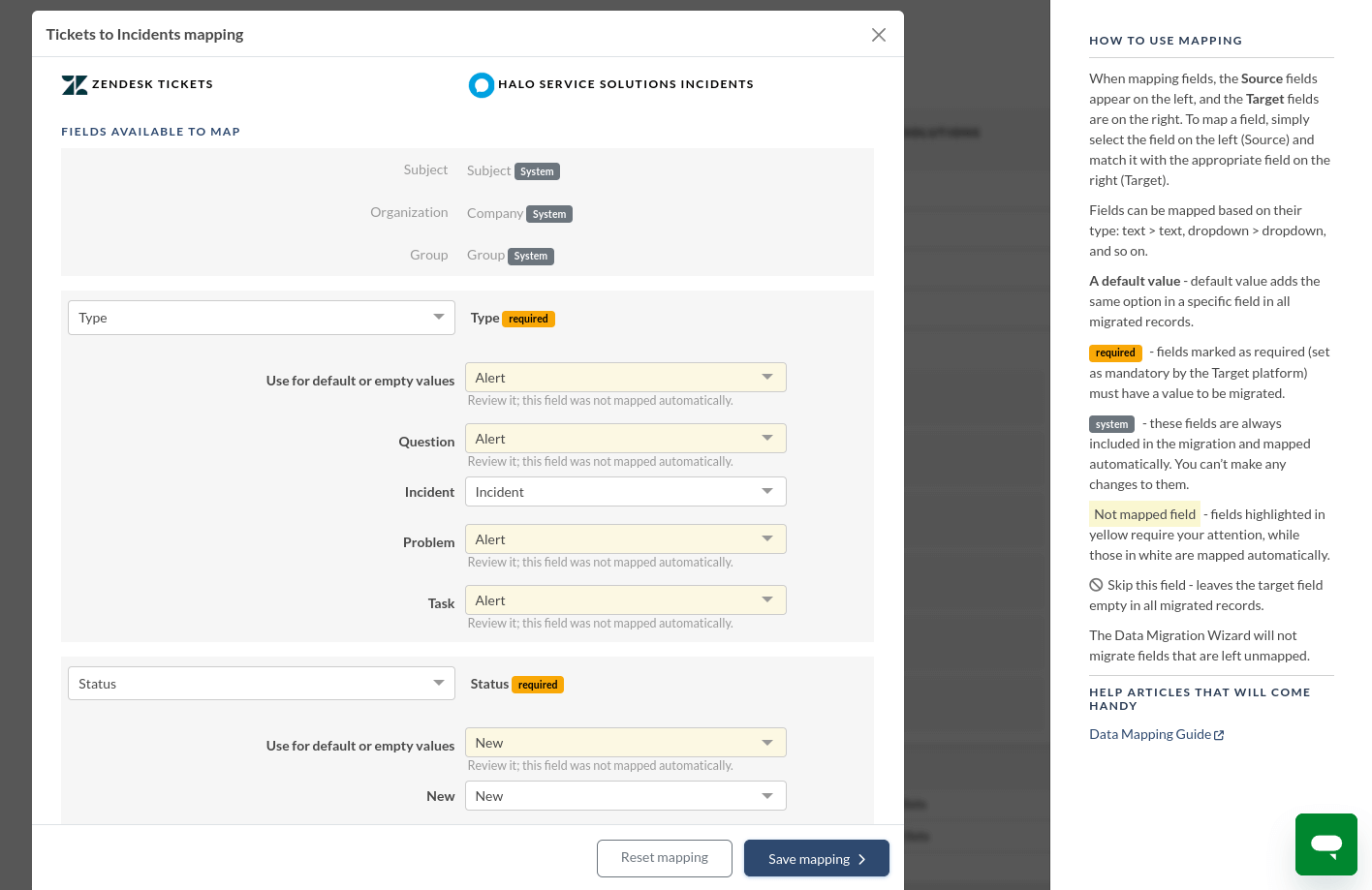 Halo Service Solutions - Map tickets in Migration Wizard