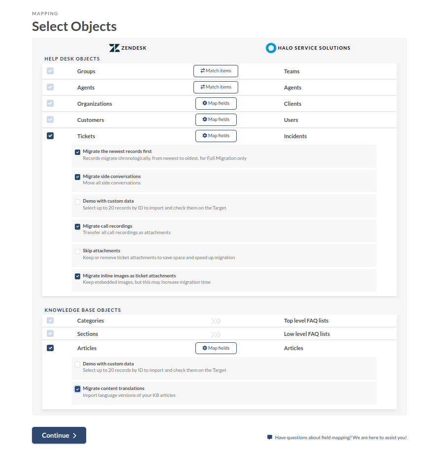 Migration Wizard - Halo Service Solutions - Choose Custom Options