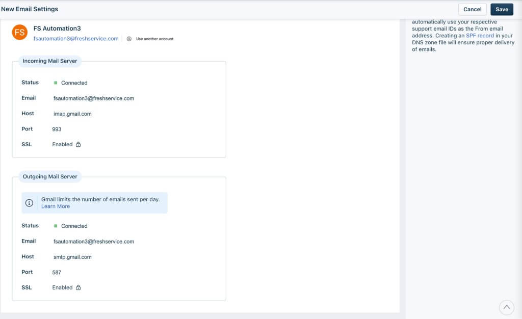 Freshservice E-Mail-Einstellungen