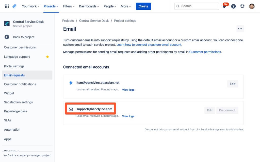 Jira Service Management E-Mail-Anfragen