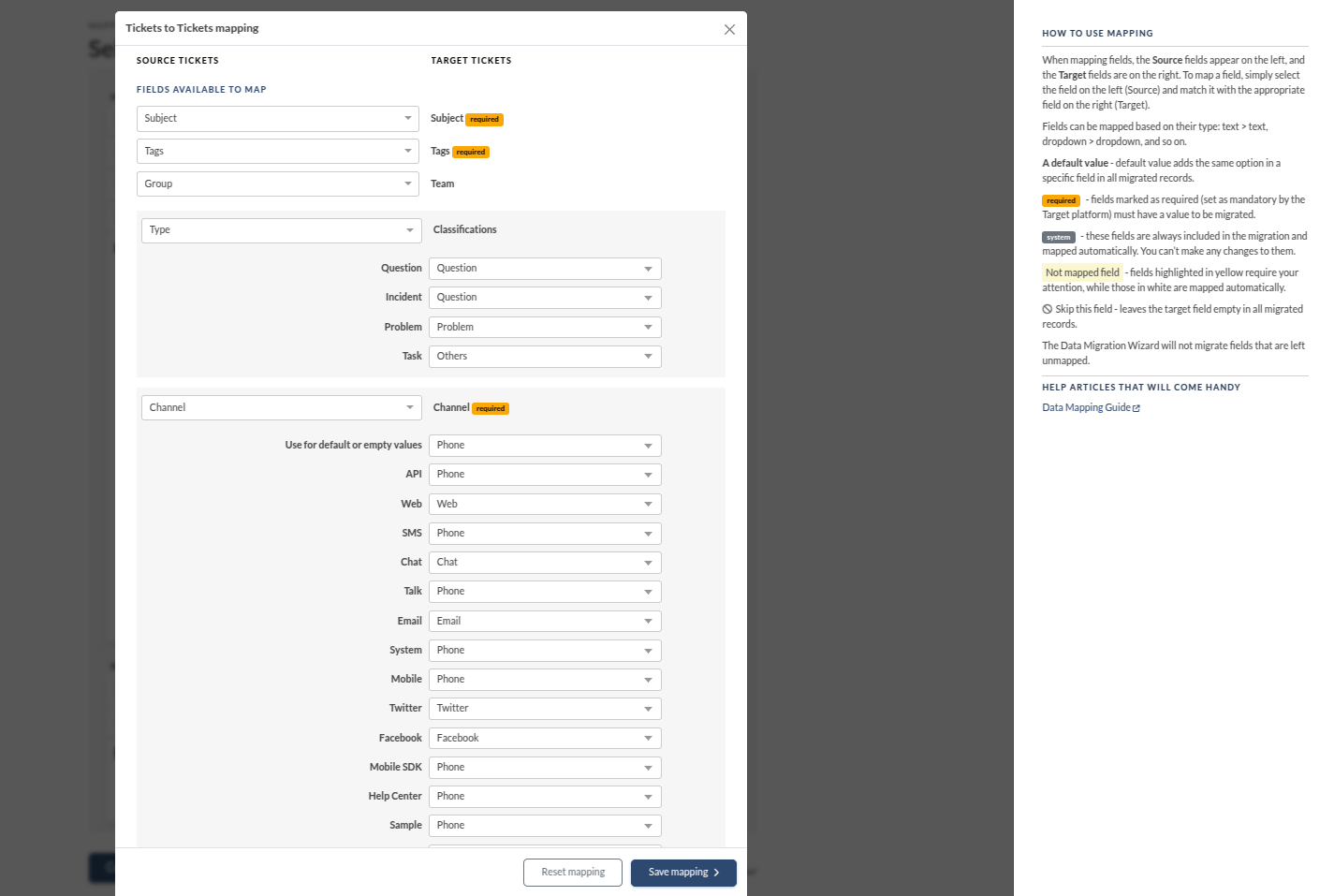 Ejemplo de mapeo de tickets