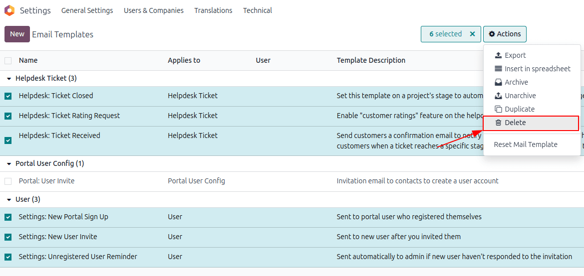 Odoo Helpdesk - Settings - Templates