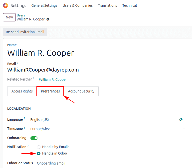 Odoo Helpdesk - Paramètres - Utilisateur - Notifications