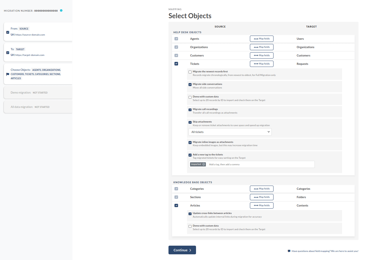 Help Desk Migration Wizard - Data mapping step