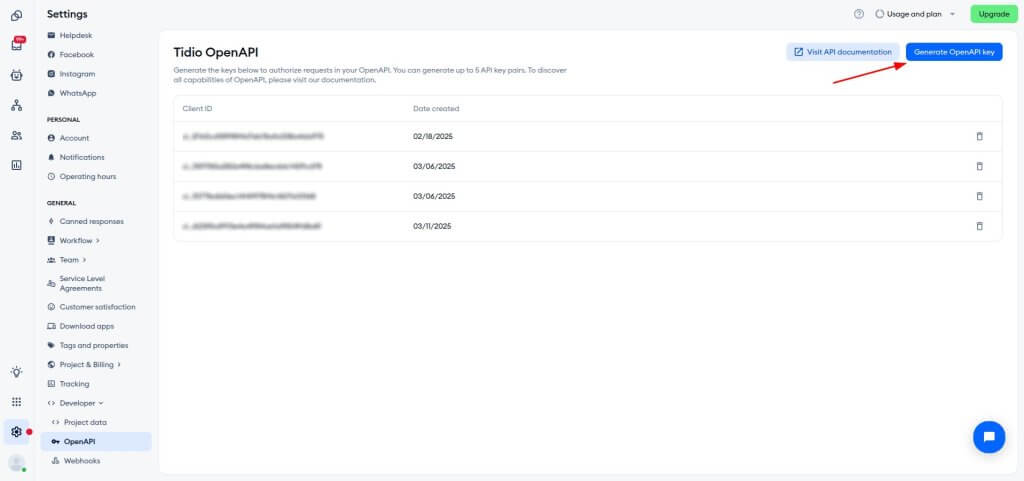 Tidio Generate OpenAPI Key