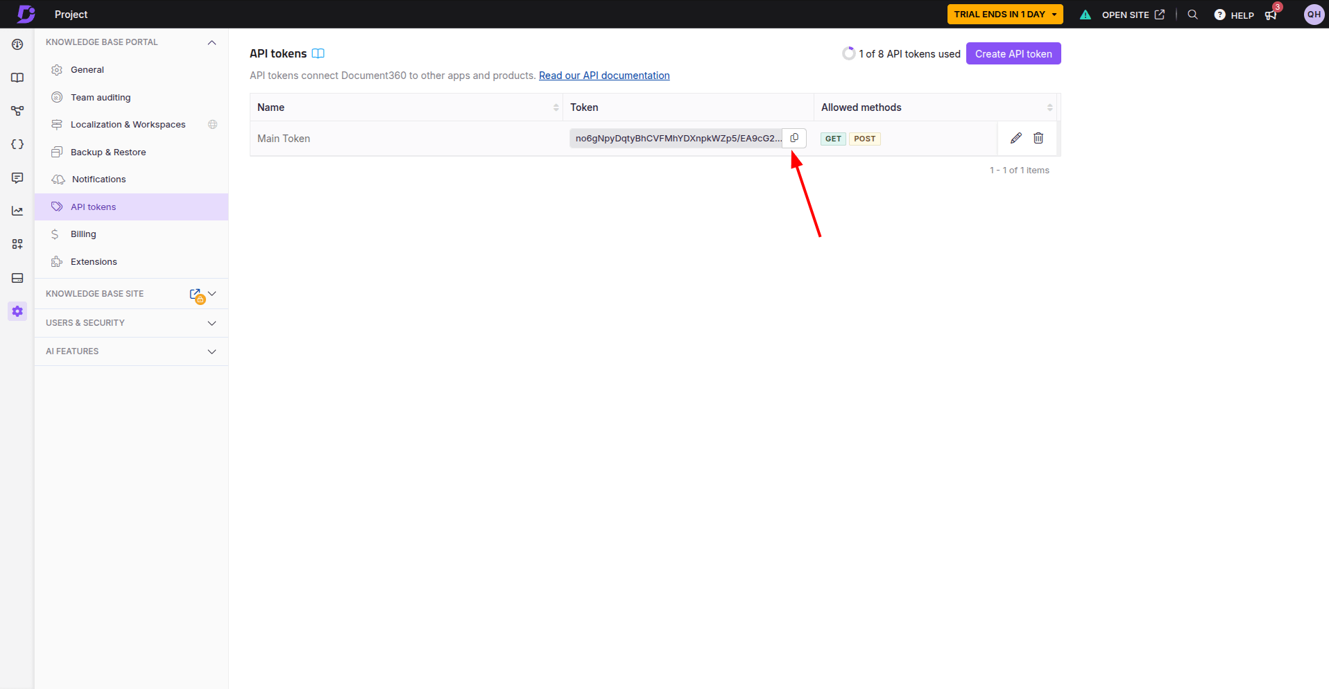 Document360 Copy the API Token