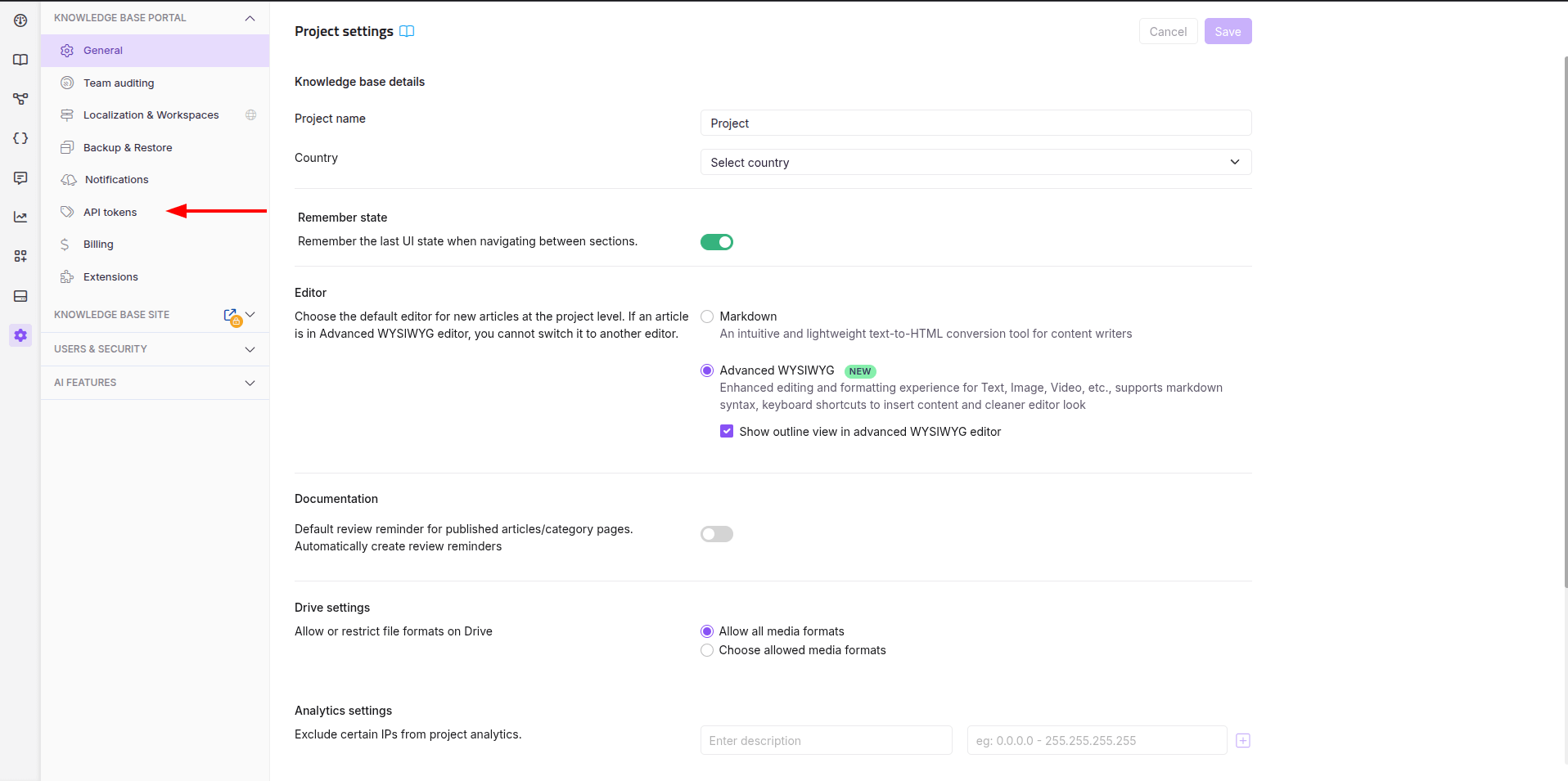 Document360 API Tokens tab