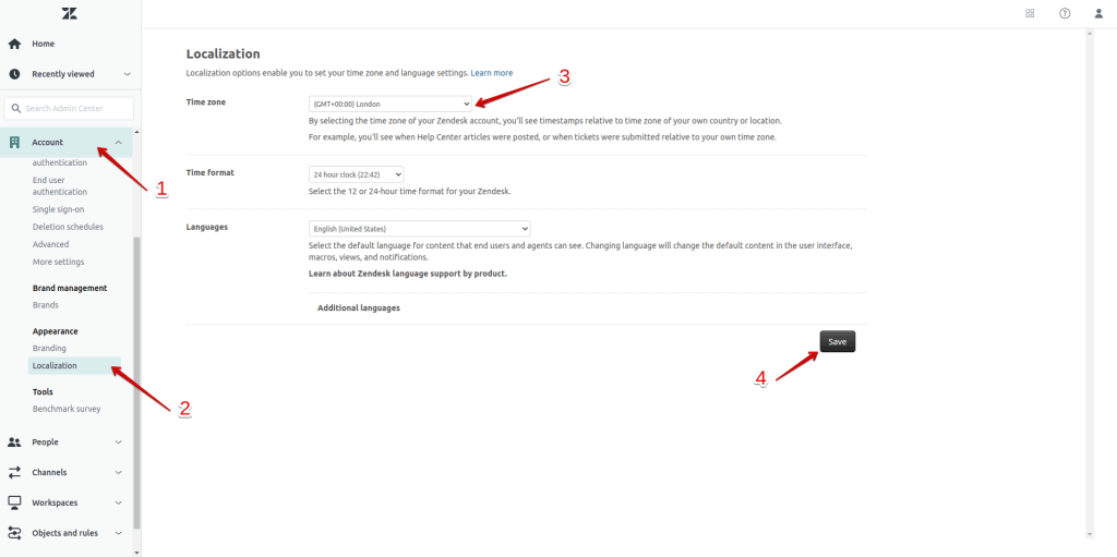 Localização no Zendesk Admin Center