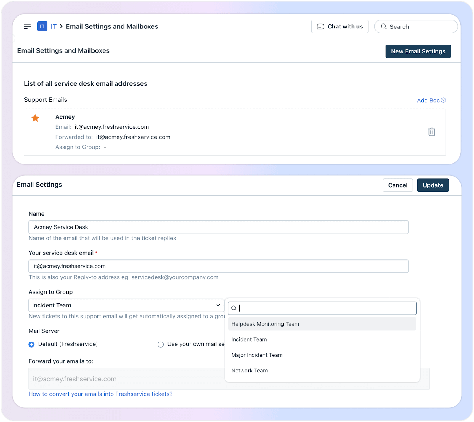 Configurar e-mail principal do helpdesk no Freshservice