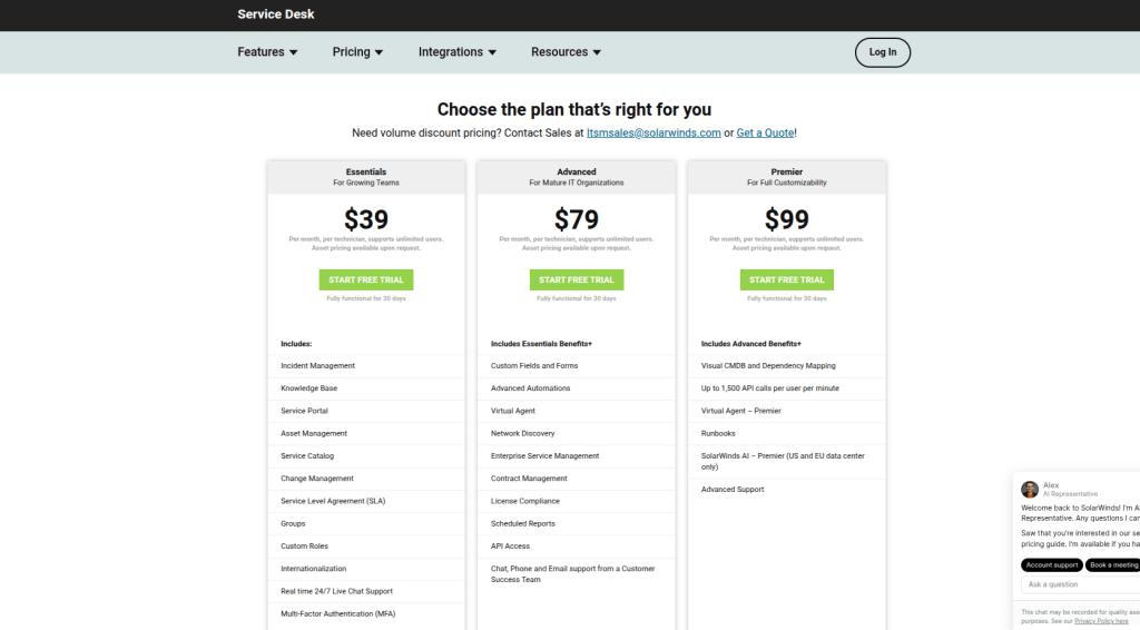 SolarWinds Service Desk SolarWinds Pricing
