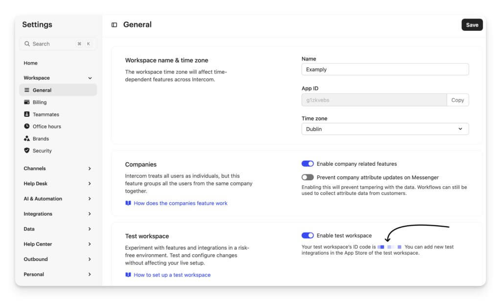 Workspace de Teste Intercom
