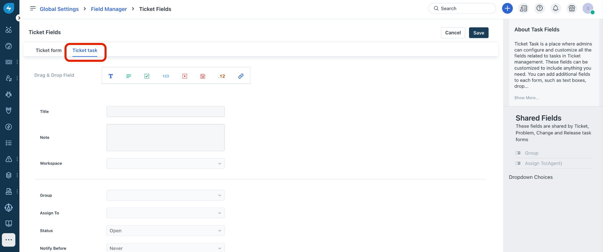 Campos de Ticket no Freshservice