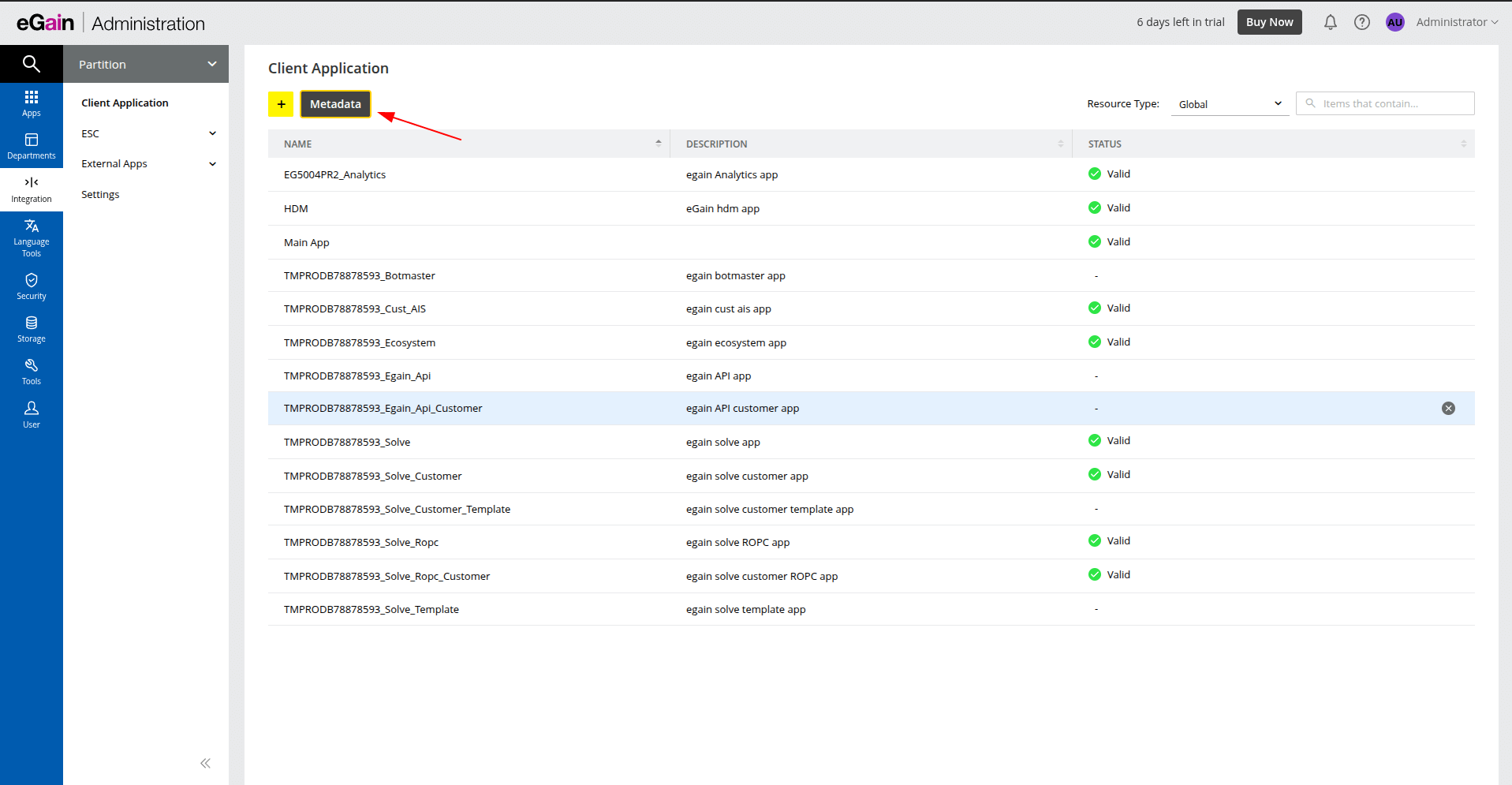 eGain Metadata button eGain Metadata button
