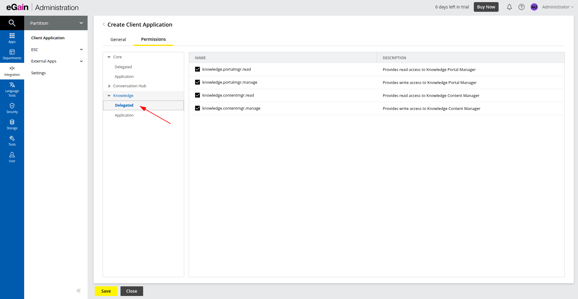 eGain Permission Delegated tab eGain Permission Delegated tab