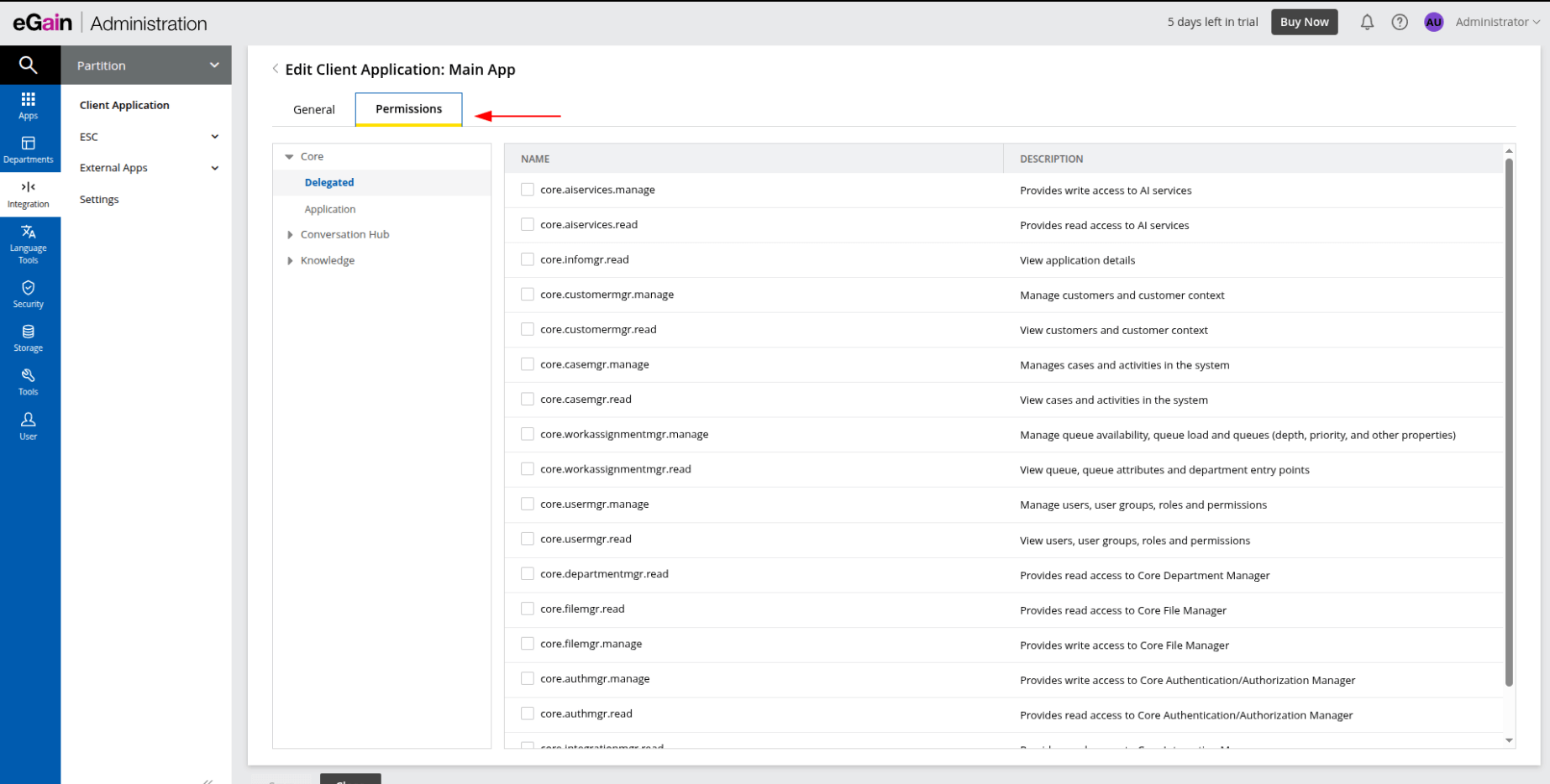 eGain Permission tab eGain Permission tab