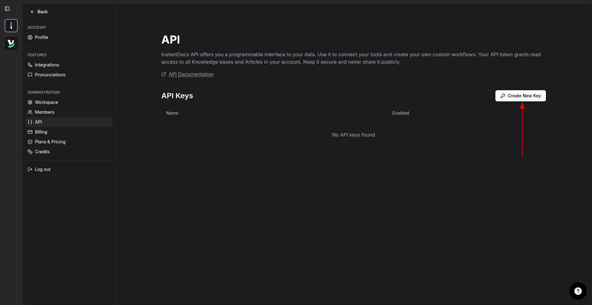 Create New Key InstantDocs