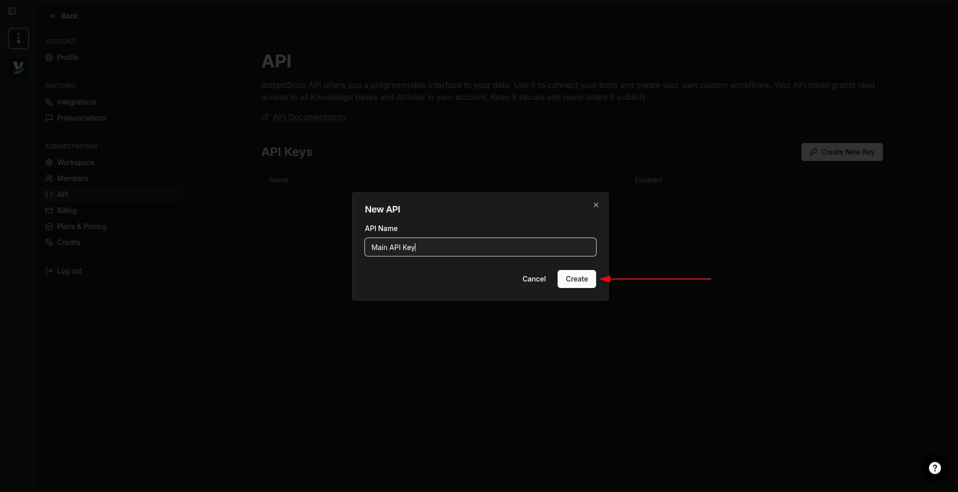 name for your API key InstantDocs