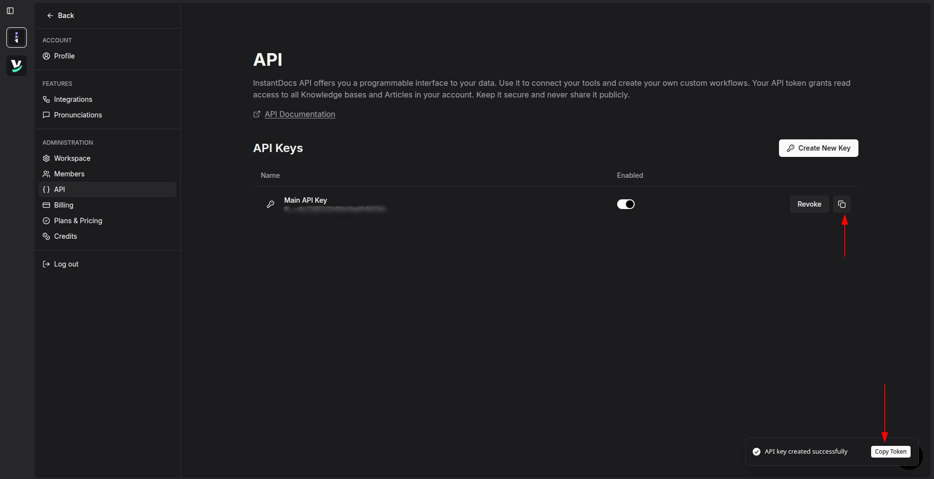 newly generated token InstantDocs