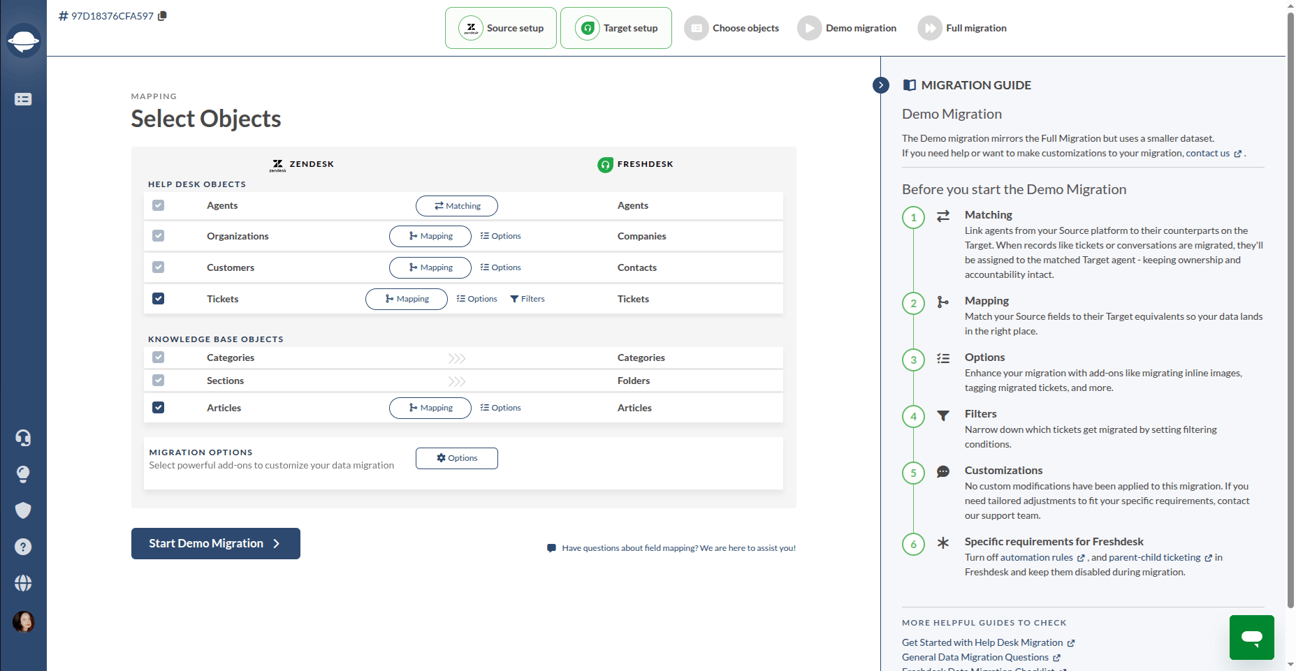Select Objects Zendesk to Freshdesk