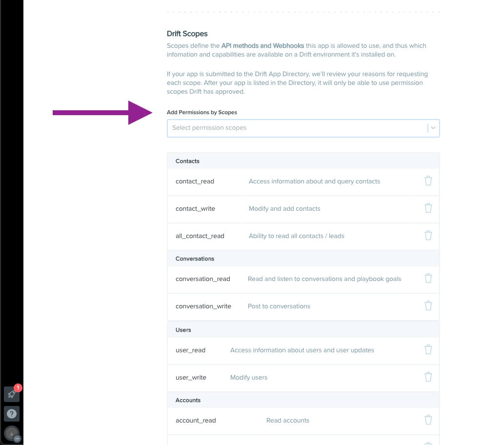 Autorizzazioni dell'app Drift