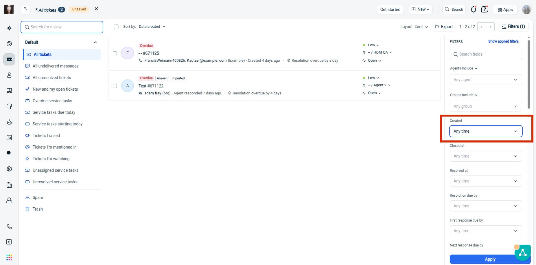 Atur tanggal pembuatan ke Kapan saja di Freshdesk