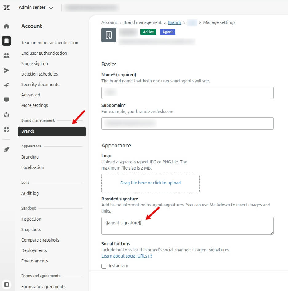 Cuenta de administrador Zendesk - Firma de marca
