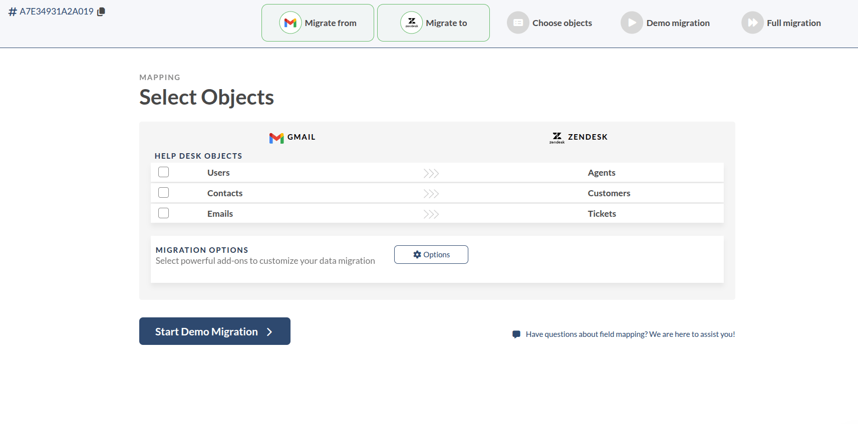 Gmail to Zendesk Migration - Select Objects Page Gmail To Zendesk Migration - Select Objects Page