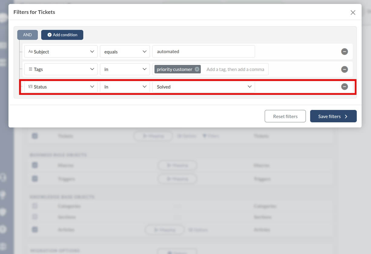 Ticketfilter - Status