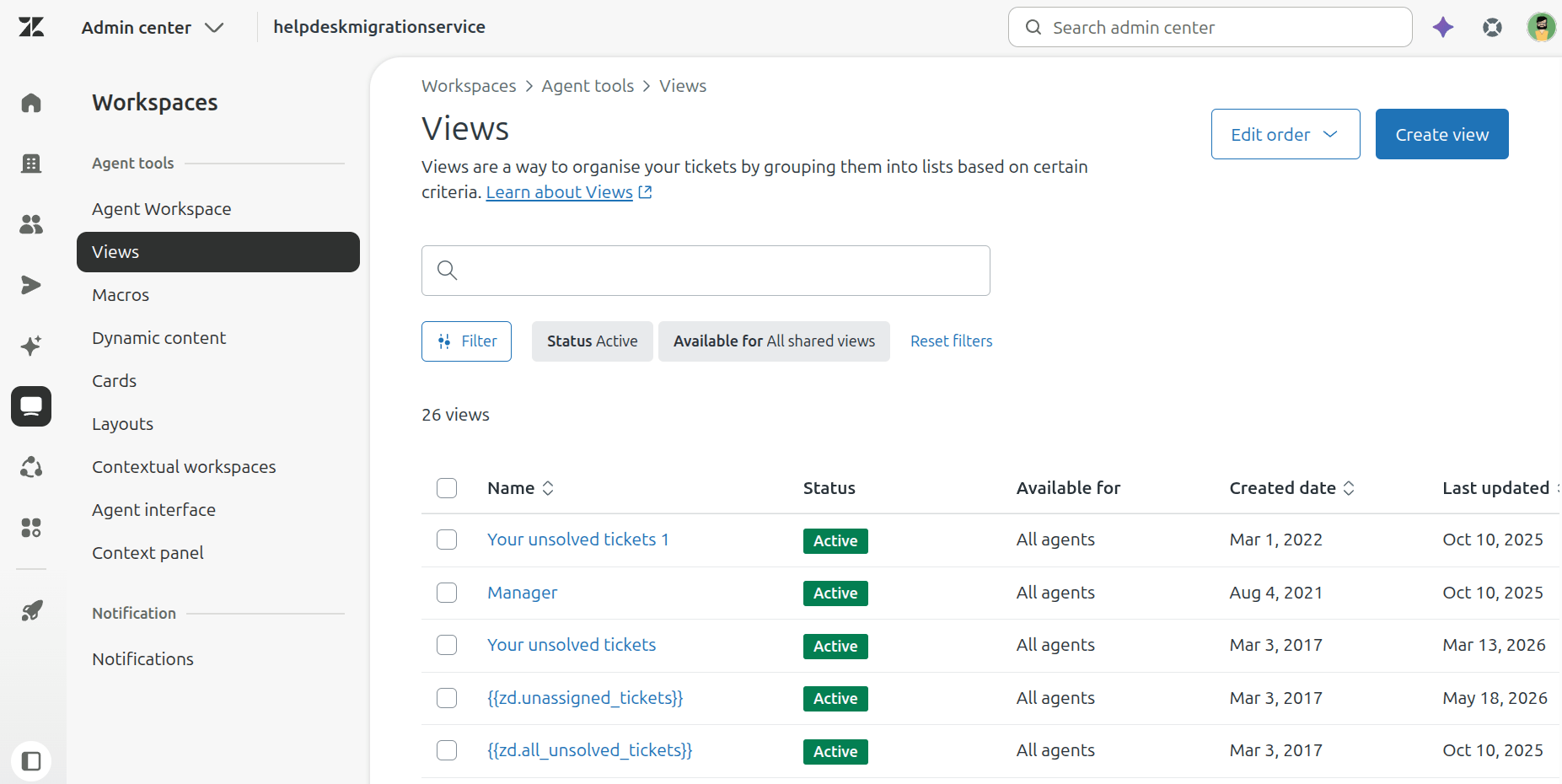 Vues des tickets Zendesk 