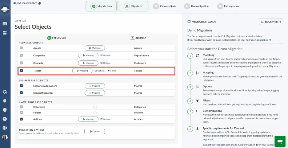 Assistant de migration - Page de sélection des objets