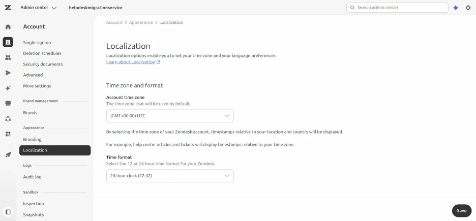 Zendesk - Localizzazione dell'account