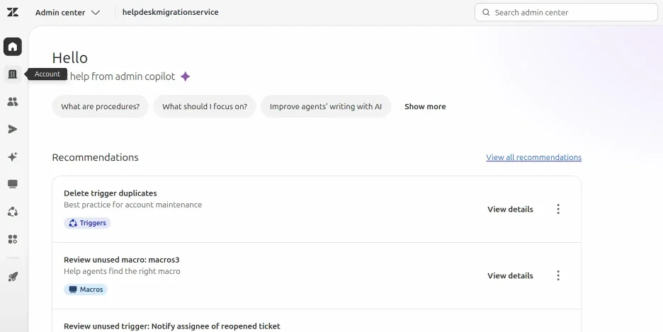 Centro di amministrazione Zendesk - Account