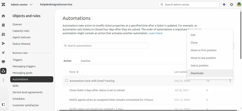 Zendesk - Nonaktifkan Otomatisasi