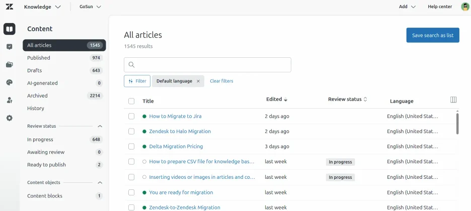Zendesk Knowledge – Artikelliste