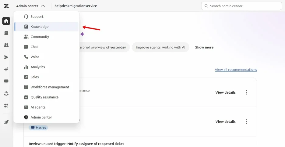 Vassoio prodotti Zendesk - Conoscenza